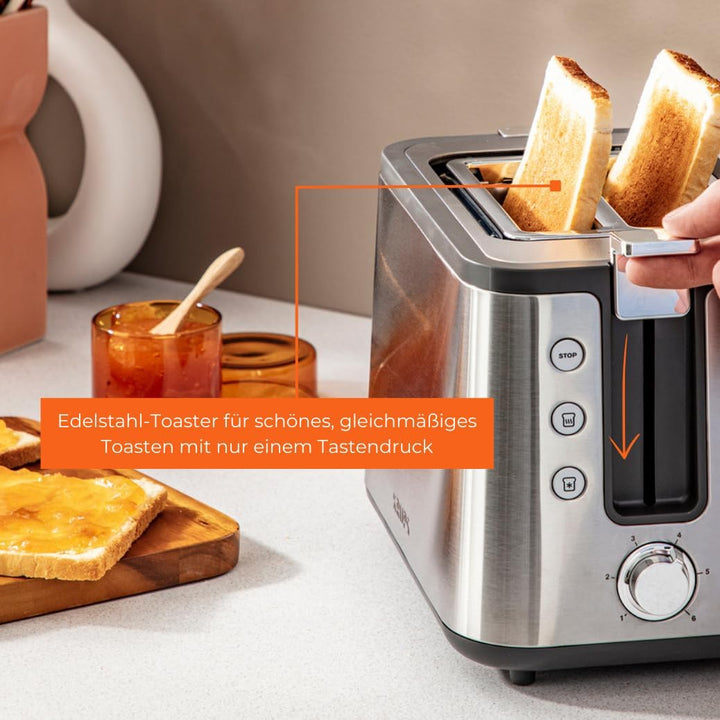 Krups KH442D Control Line Premium Toaster | Edelstahl | 2 kurze Schlitze für 2 Scheiben | Brötchenau