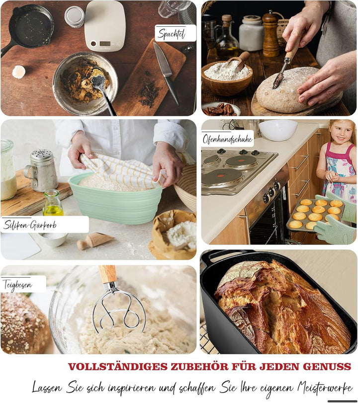 Gusseisen Brotbacktopf mit Deckel & Gärkorb – Dutch Oven für Sauerteigbrot – 4,6L Brotform mit Banne
