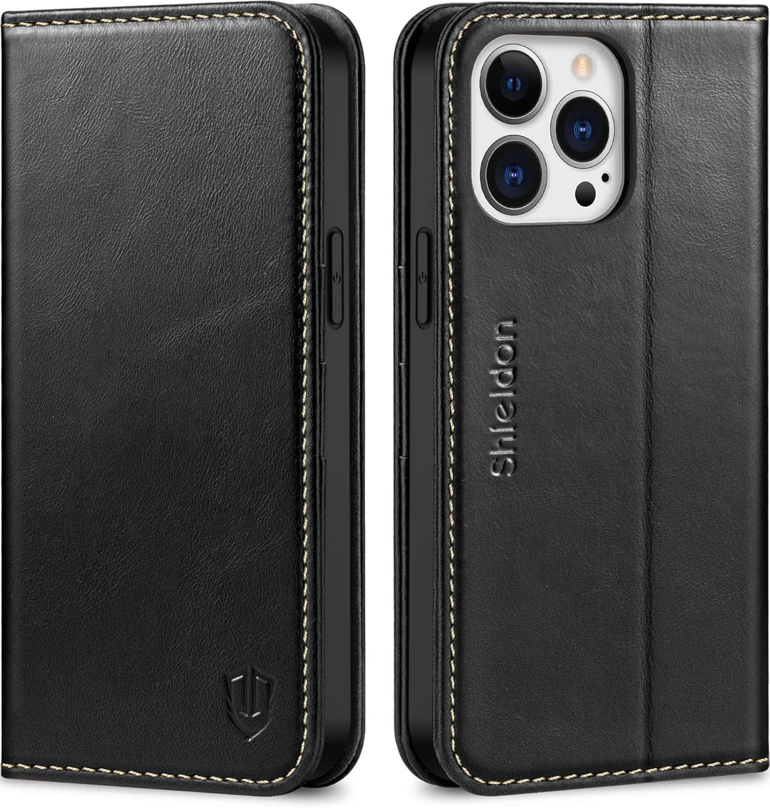 SHIELDON Hülle für iPhone 13 Pro Max, Stossfeste Schuzhülle [Echtleder] [Kartenfach] [Stand] [Verdic