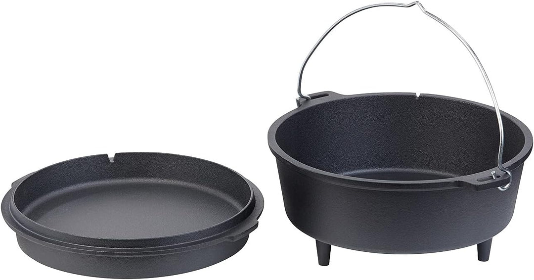 Rosenstein & Söhne Feuertopf: Dutch Oven aus Gusseisen mit Standfüssen, 2in1-Deckel & -Pfanne, 6 l (