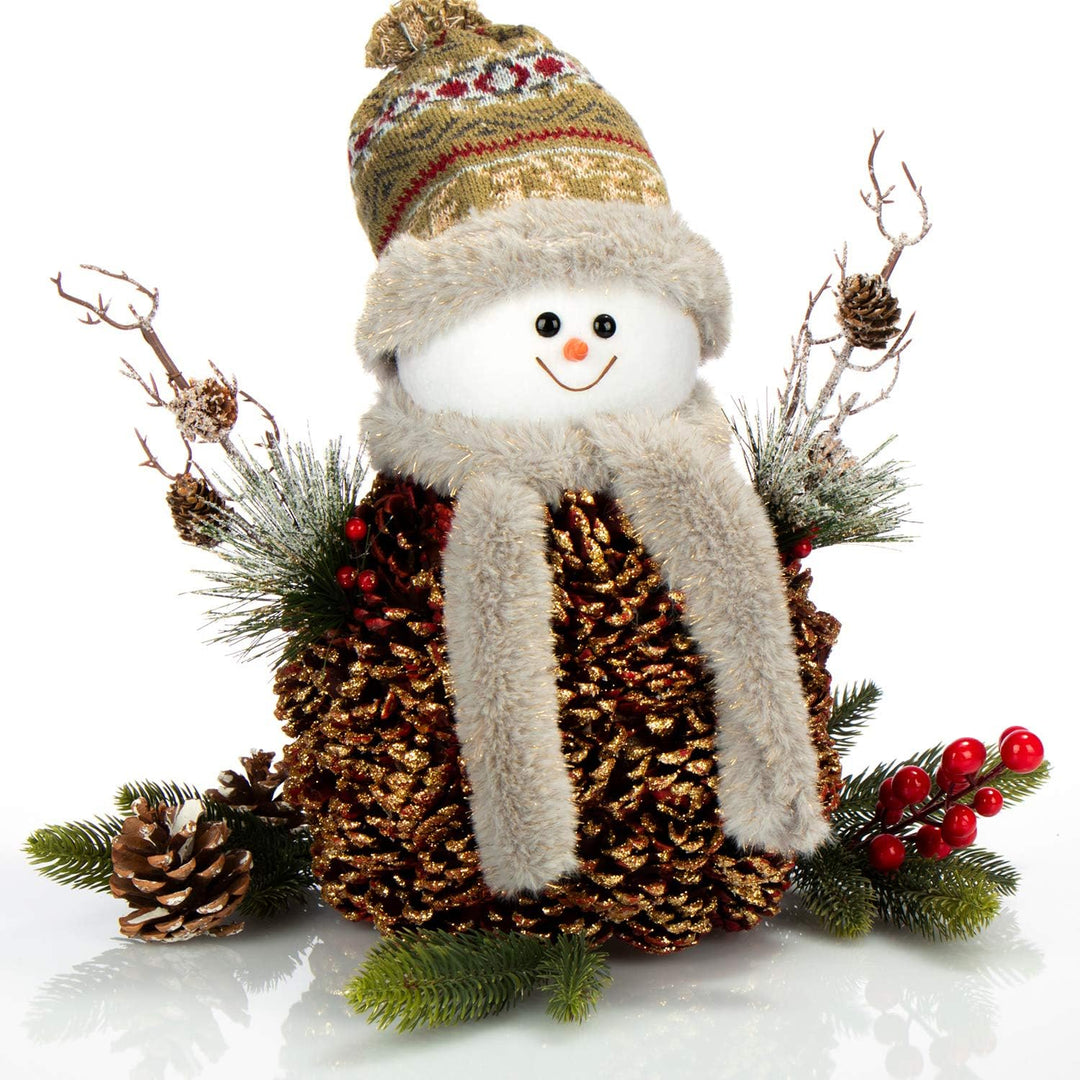 COM-FOUR® Schneemannfigur Grösse L Premium, winterliche Dekofigur mit Tannenzapfenkörper, Handmade l
