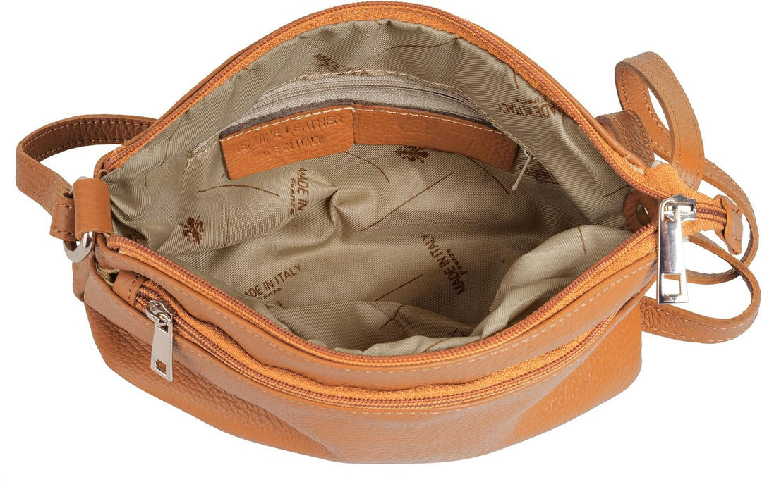 Umhängetasche Echt Leder Damen Made in Italy, Crossbody Bag, Messenger Bag mit Reissverschluss, Schu