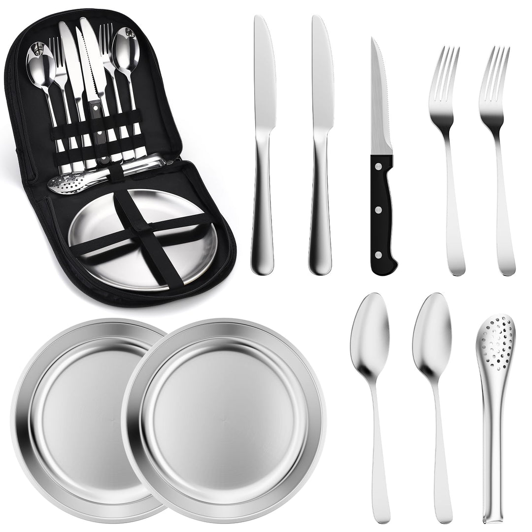 Camping Geschirr Set 2 Personen, 10 Stück Tragbars Campingbesteck Set aus Edelstahl mit einer Tasche