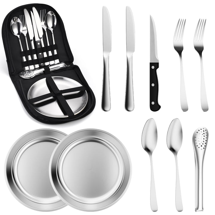 Camping Geschirr Set 2 Personen, 10 Stück Tragbars Campingbesteck Set aus Edelstahl mit einer Tasche
