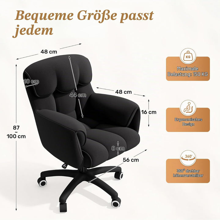 Ergonomischer Bürostuhl, Höhenverstellbarer Schreibtischstuhl mit Armlehnen, 360° Drehfunktion, Samt
