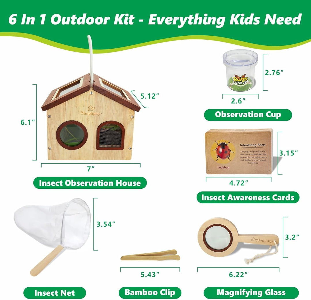 Kids Bug Catching Kit, 6-in-1 Natur Entdeckung Kit mit atmungsaktivem Holz Critter Habitat House, 15