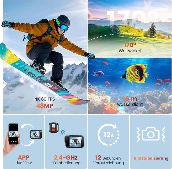 4K 60FPS 48MP Action Cam, 50FT Unterwasserkamera mit Touchscreen, wasserdichte Kamera, EIS Stabilisi
