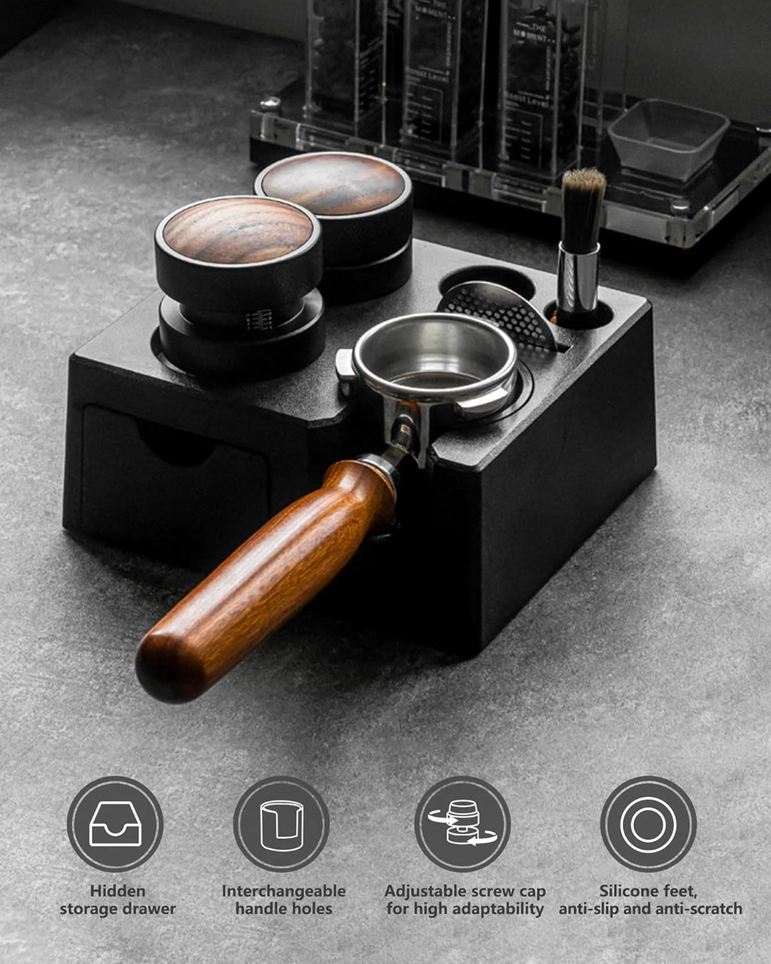 Tamperstation für Barista (51-58mm) | Schwarz Tamper Station aus ABS | Einstellbar Coffee Tamping St
