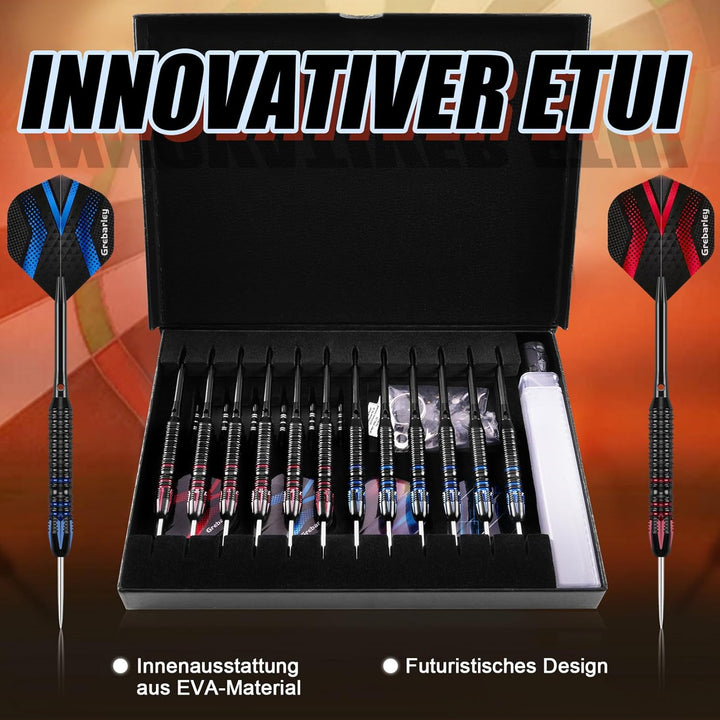 Grebarley Dartpfeile mit Metallspitze,12 Stück Profi Steeldarts 18 Aluminium Schaft mit 9 Flights 20