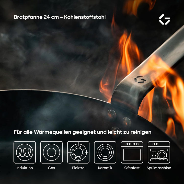 Gastrotools Carbonstahl Bratpfanne 24cm, natürliche Antihaft-Oberfläche ohne PFAS, Ofenfest bis 650°