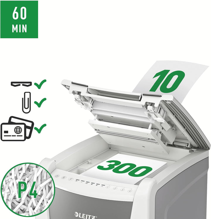 Leitz IQ Autofeed Office Partikelschnitt Aktenvernichter P4, 300 Blatt, 60l-Abfallbehälter, Weiss, 8