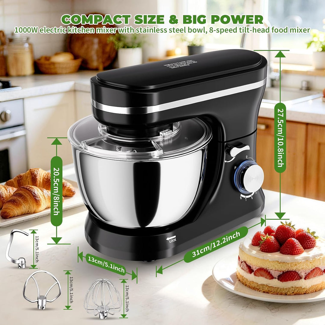 Küchenmaschine 5L – Knetmaschine mit 1000W, 8+ P Geschwindigkeiten, 3 Rührwerkzeuge, Spritzschutz, T