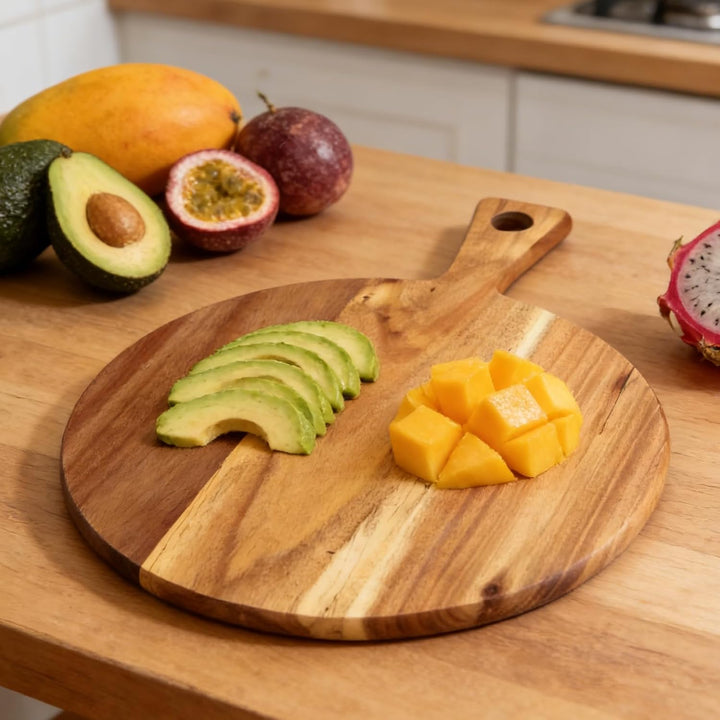 FARYODI 2 Stück 30 cm Pizzabrett Holz, Rund Pizzateller Holz, Pizza Teller Gross Schneidebrett mit G