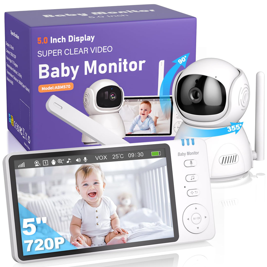 BURNNOVE Babyphone mit Kamera 5" IPS 720P Video Babyfon ohne WLAN 355°/90° Schwenkbar Nachtsich Temp