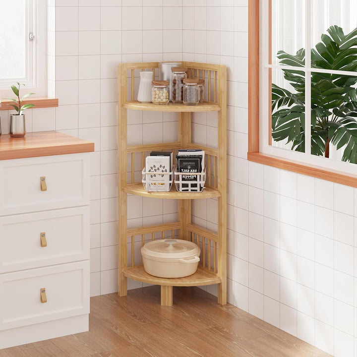 Dripex Eckregal stehend, Bambusregal, Standregal mit 3 Ablagen, 89x30x30cm, Platzsparend, Klein Lage