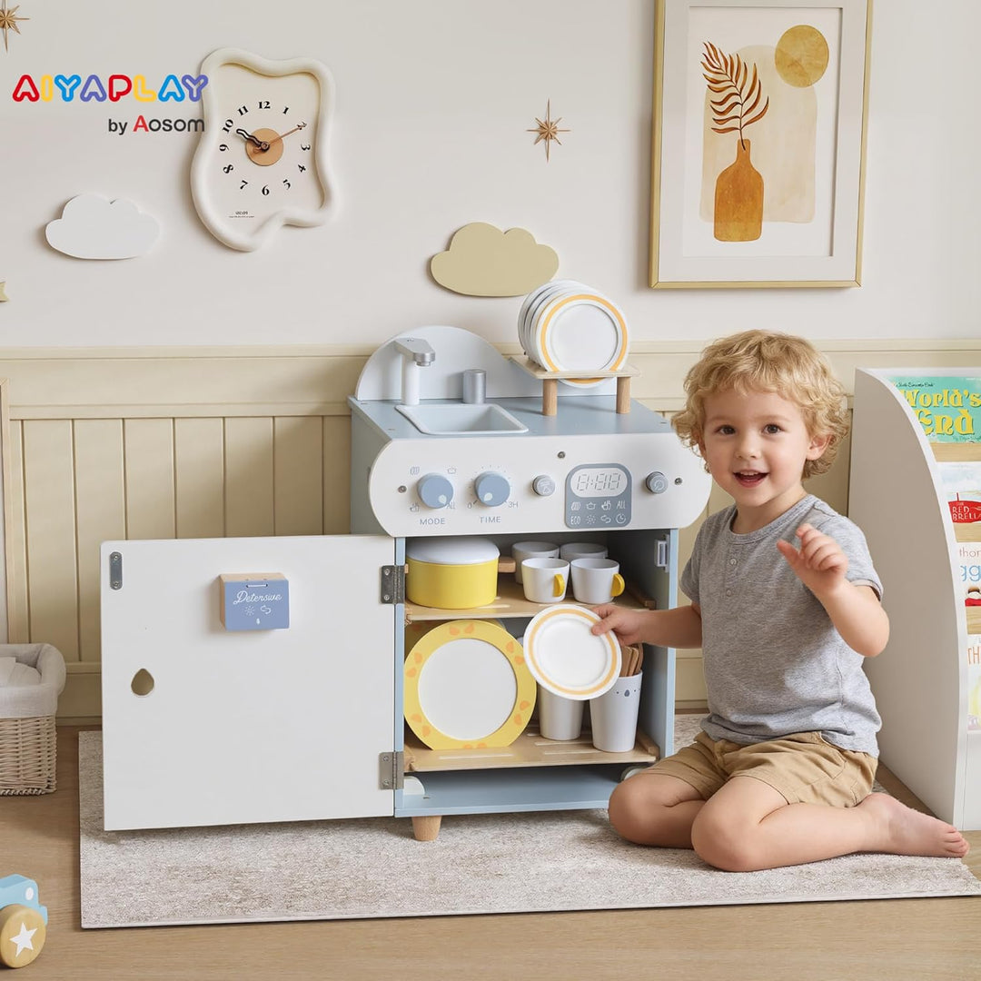 AIYAPLAY Kinderküche aus Holz Spielküche mit Wasserhahn Spüle und Zubehör Holzgeschirrspüler für Kin