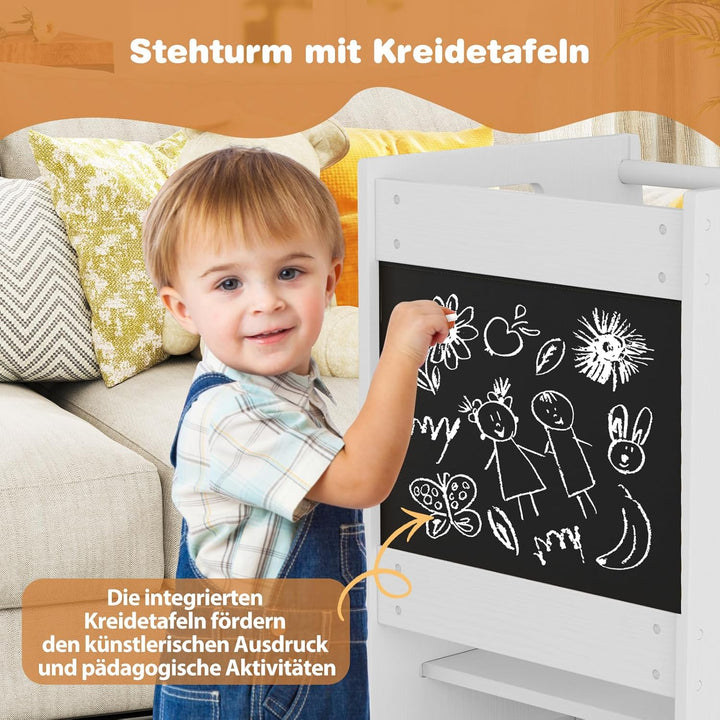 DREAMADE Lernturm ab 1 Jahr, Tritthocker Holz mit doppelseitiger Tafel, Learning Tower Höhenverstell