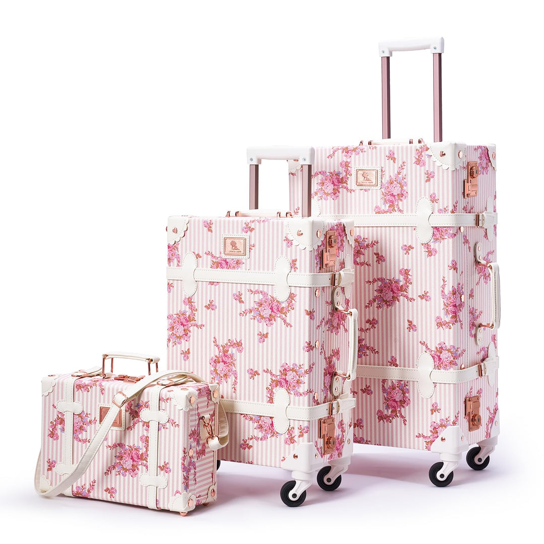 Unitravel Vintage Kofferset 3 Teilig, Retro PU-Leder Reisekoffer mit Kosmetikkoffer für Damen, Rosa
