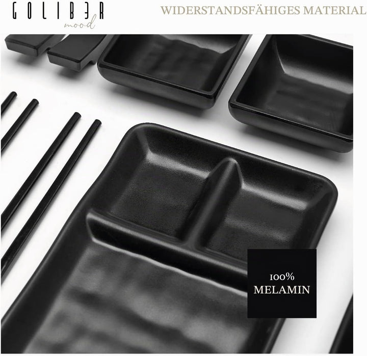 Goliber Japanisches Melamine Sushi Geschirr Set (8pcs) - Enthält 2 Schwarzes Geschirr, 2 Sossenschäl