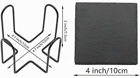 VIBRATITE Schiefer Untersetzer, 12 Stück Glasuntersetzer eckig mit Halter, Schieferplatte 10,2 cm sc
