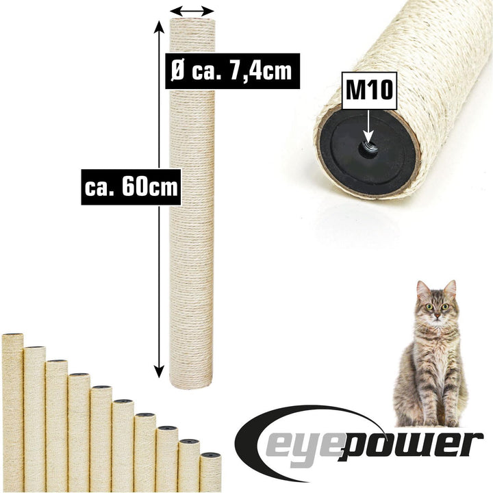 eyepower Sisal Ersatzstamm für Kratzbaum - 60 cm Ø 7,1 cm M10 - Pfotenfreund Kratzstamm rund Ersatzt