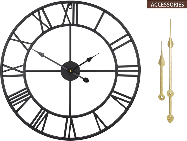 HAITANG Grosse Wanduhr im Vintage-Stil, schwarz rund, Metall geräuschlos Nicht tickend, batteriebetr
