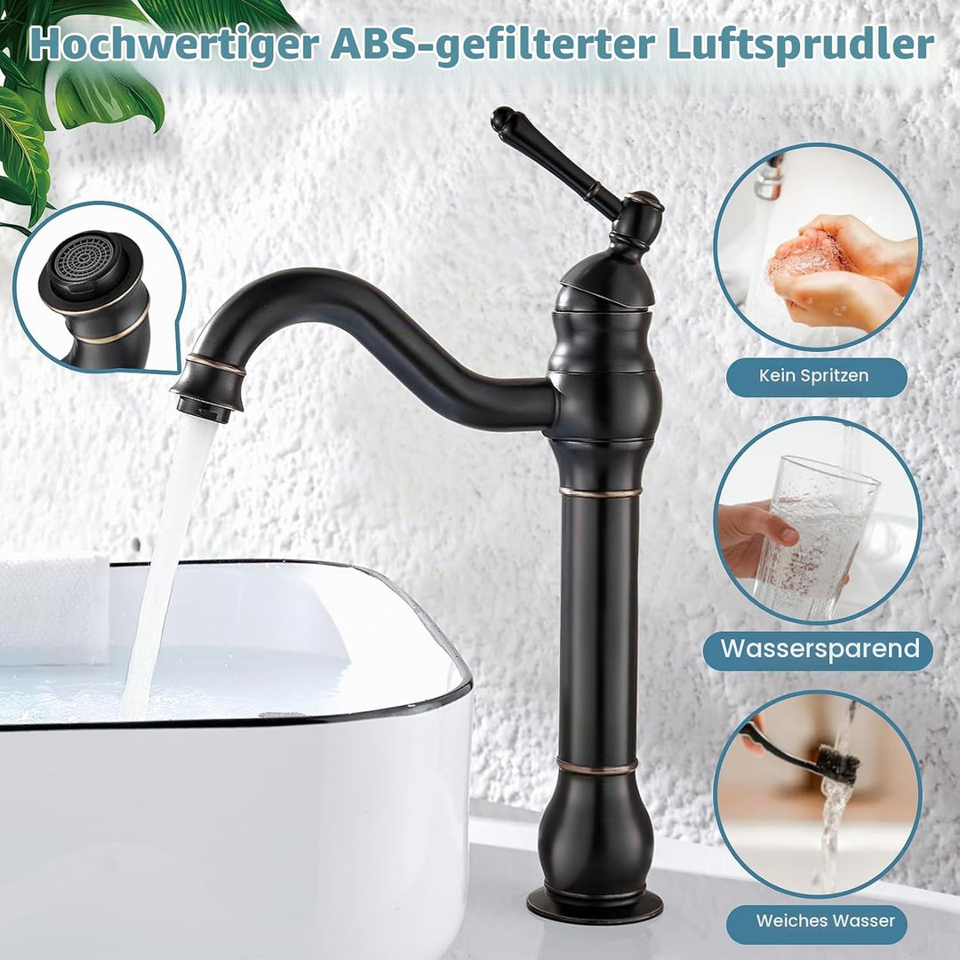Namuoto Wasserhahn Bad Schwarz Retro Hoch Waschtischarmatur 360°Schwenkbar Einhebel Waschbecken Arma