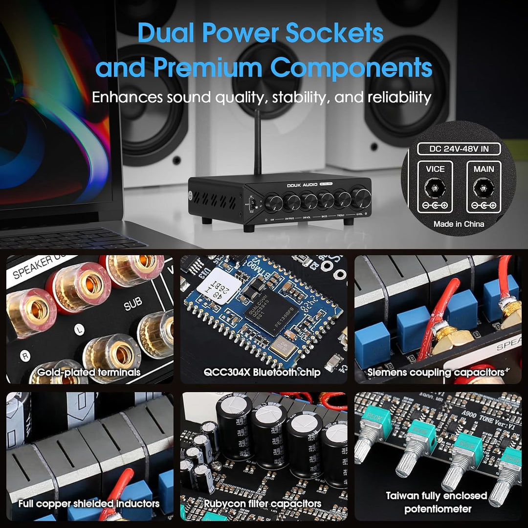 DoukAudio 2.1 Kanal Verstärker mit Bluetooth: Dual-TPA3255 Chips, aptX-HD, 300W Subwoofer & 48V Netz