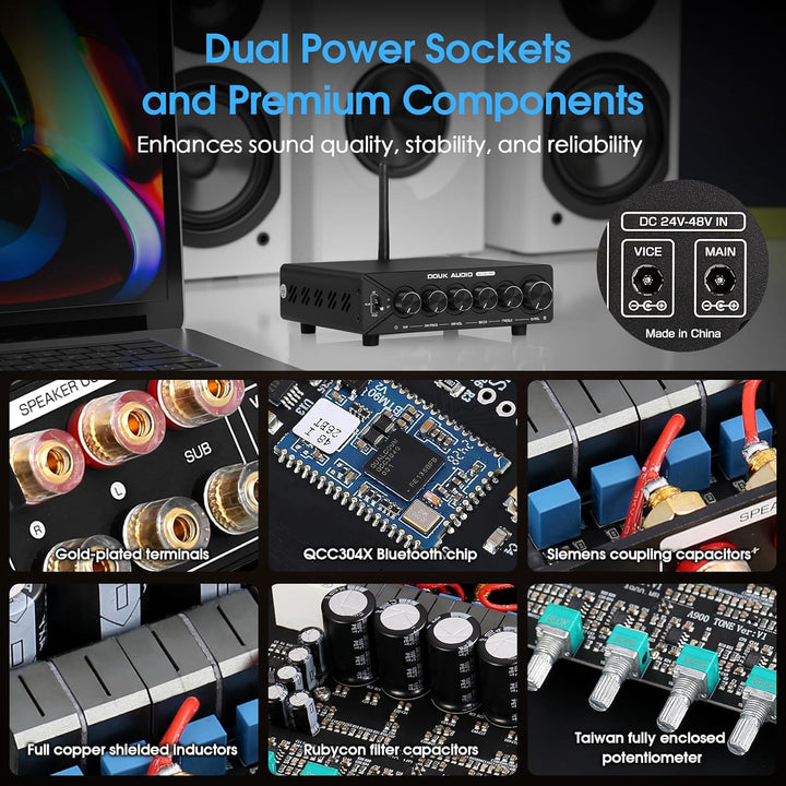 DoukAudio 2.1 Kanal Verstärker mit Bluetooth: Dual-TPA3255 Chips, aptX-HD, 300W Subwoofer & 48V Netz