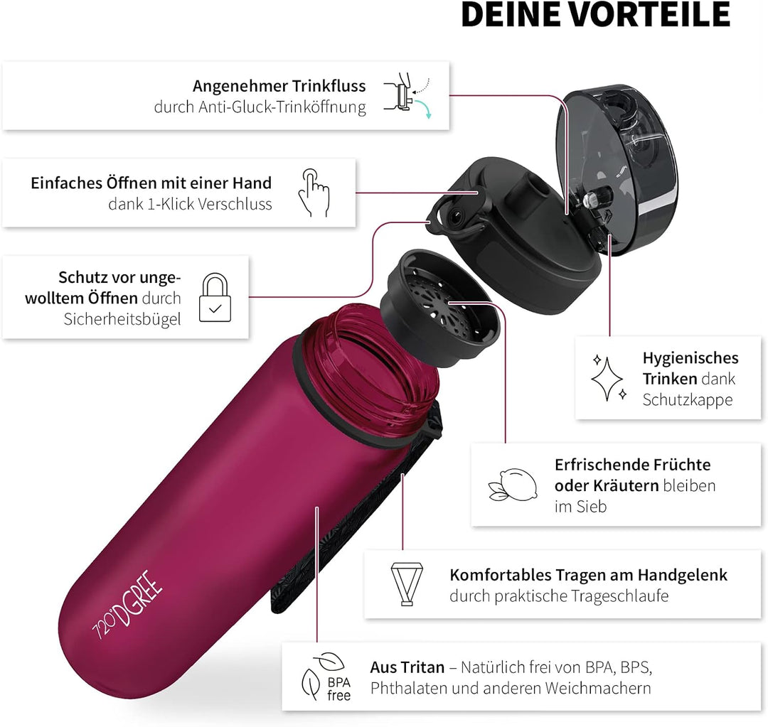 720°DGREE Trinkflasche “uberBottle“ +Sieb - 350ml, 500ml, 650ml, 1000ml, 1,5l, 2l - BPA-Frei - Wasse