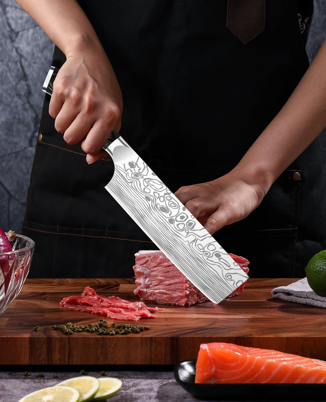 MOSFiATA Nakiri Messer Kochmesser,Küchenmesser Mehrzweck Fleischmesser ,mit Fingerschutz und Klingen