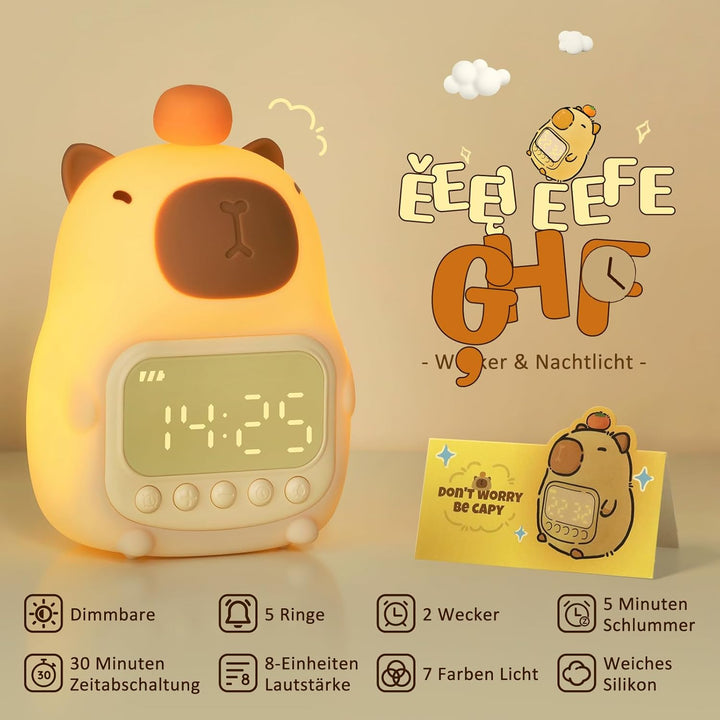 Yiliaw Capybara Wecker mit Nachtlicht für Kinder, 7 RGB-Farben Süsse Wecker für Schlafzimmer, Ok to