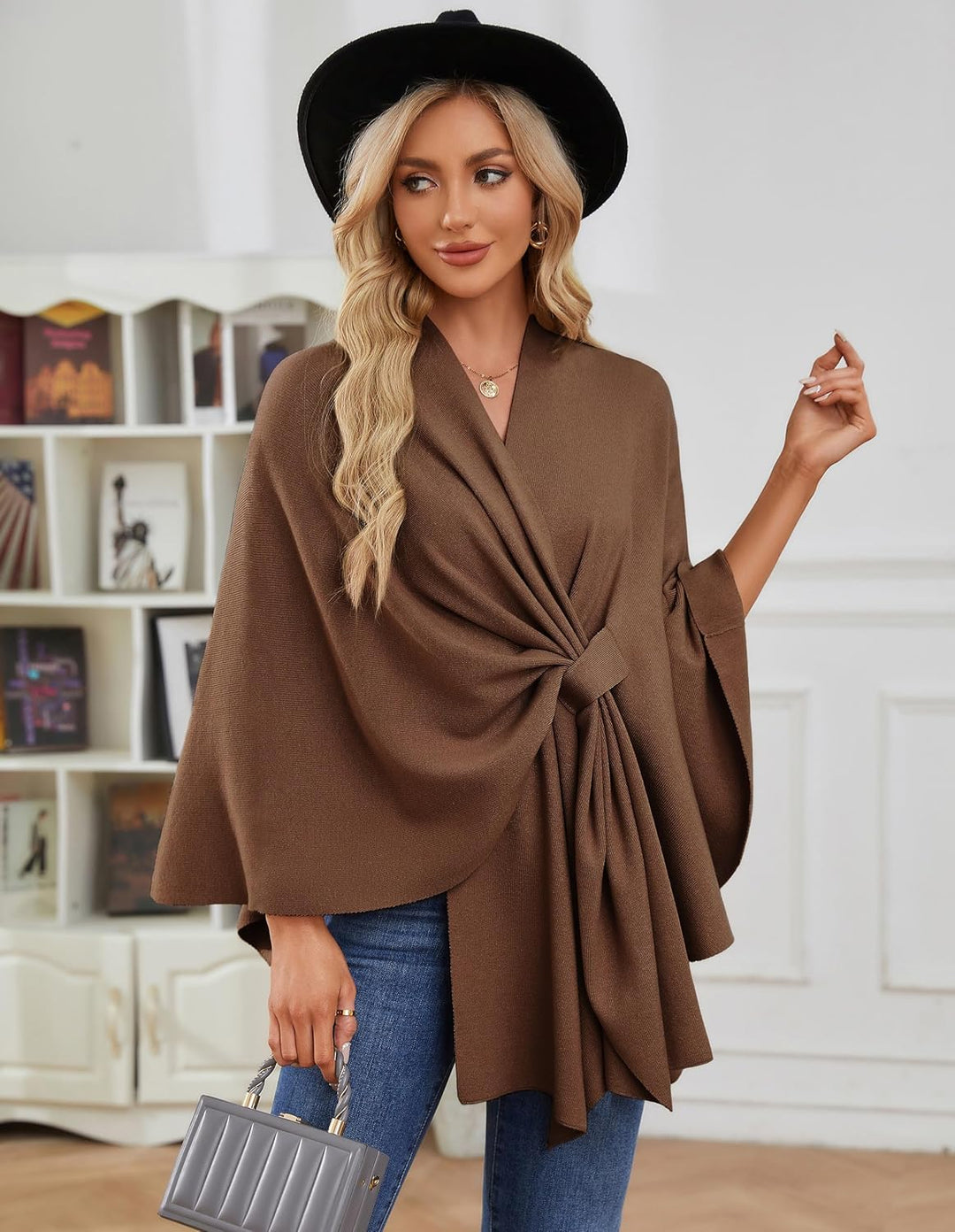 PULI Damen Elegant Poncho Strick Ponchos Capes Vorne öffnen Vielseitige Schalwickel mit Lasche Karam