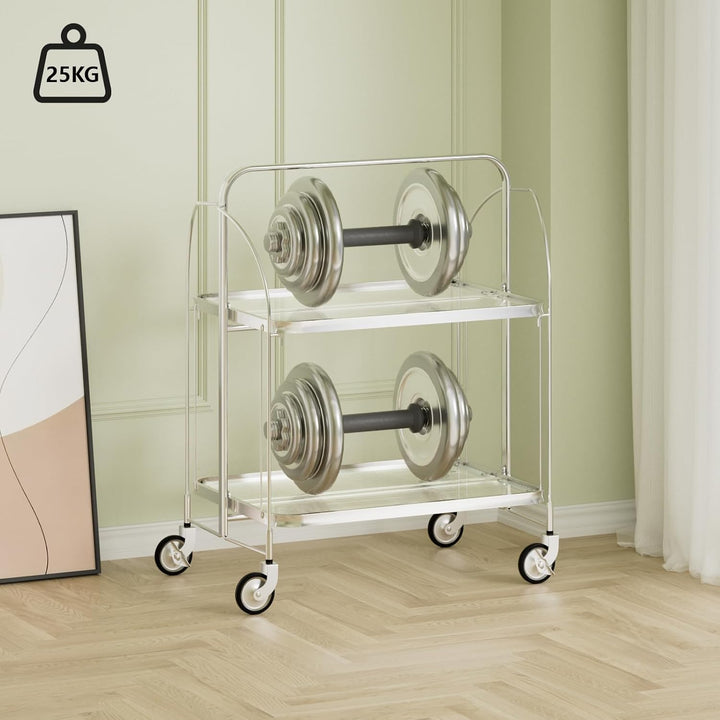 Servierwagen mit Rollen, Servierwagen Klappbar, Dinett 2 Tier Ablagekorb aus Temperglas with Wheels,