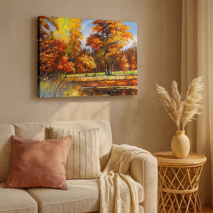Bilder auf Leinwand 100x70cm Leinwandbild mit Rahmen Park Herbst Wasser Gross Wanddeko Bild Schlafzi