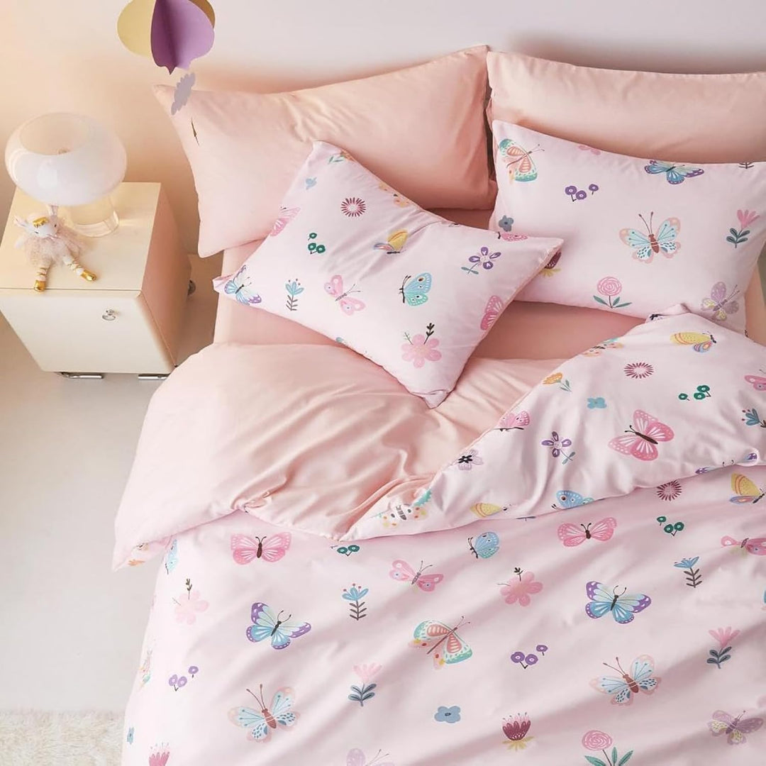 Freyamy Kinder Bettwäsche 100x135cm 2teilig Rosa Bunt Schmetterling Blume Wendebettwäsche Gebürstet