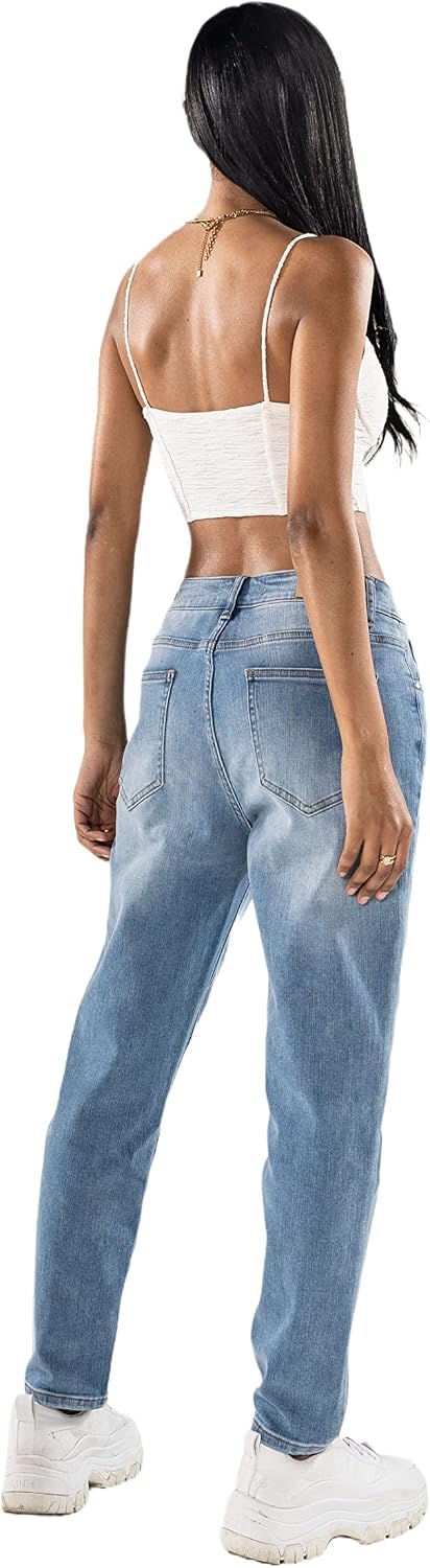 Nina Carter Damen Boyfriend Jeanshosen High Waist MOM Jeans Cutted Knee Used-Look Waschungseffekt XS