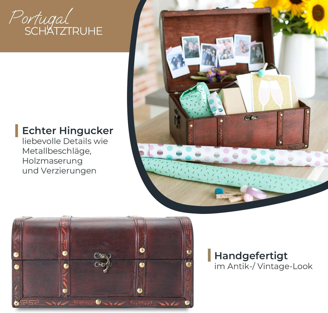 HMF Schatztruhe aus Holz, kleine Schatzkiste mit Vintage Metallverschluss für Kindergeburtstag, Hoch