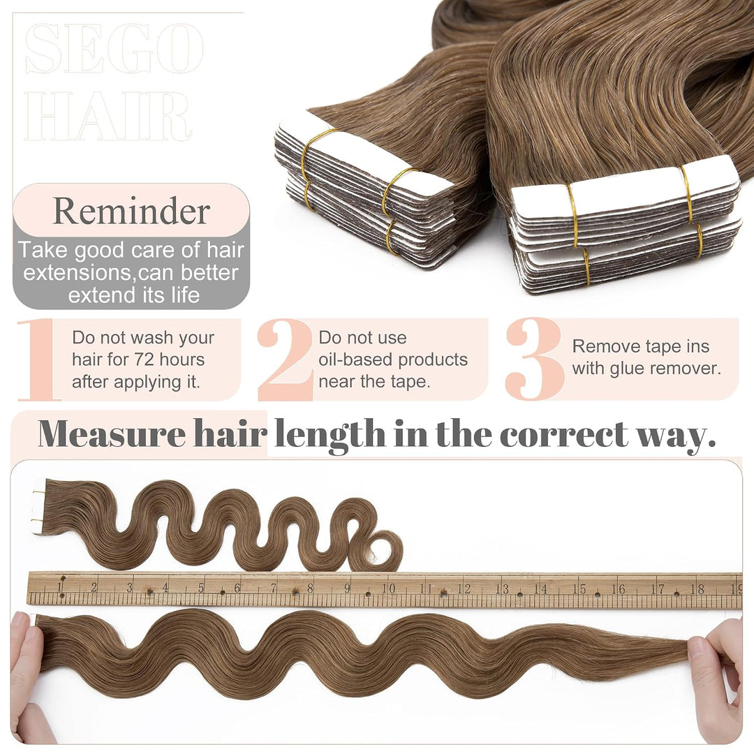 SEGO Tape Extensions Echthaar GEWELLT 16zoll/40cm 20 Stück Klebeband Haarverlängerung 100% Remy Haar