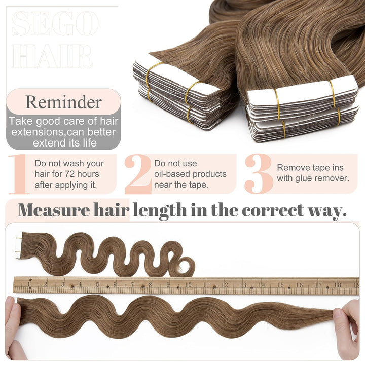 SEGO Tape Extensions Echthaar GEWELLT 16zoll/40cm 20 Stück Klebeband Haarverlängerung 100% Remy Haar
