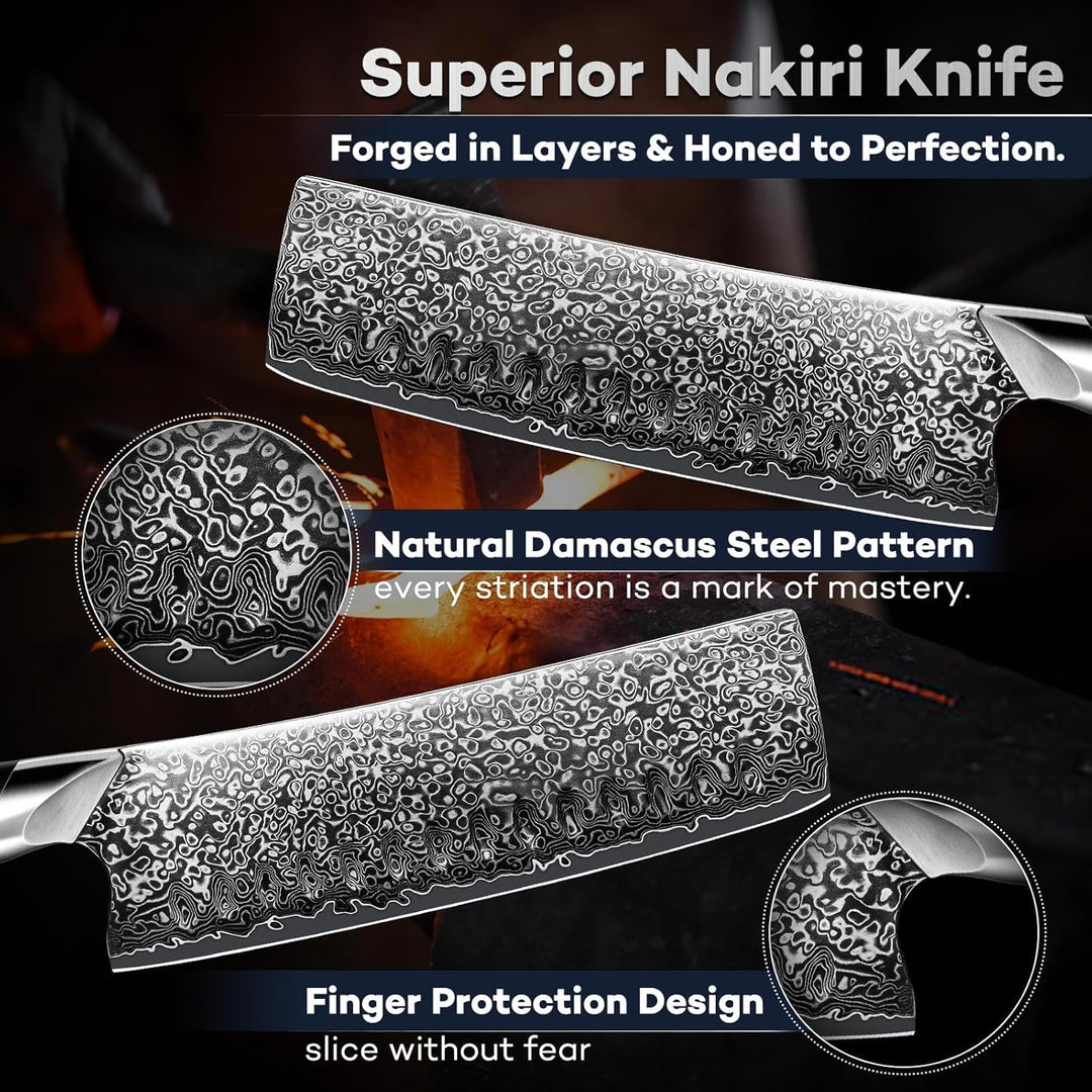 DRAGON RIOT Nakiri Messer Damast, Japanisches Küchenmesser Damast, Extrem Scharfes Gemüsemesser mit