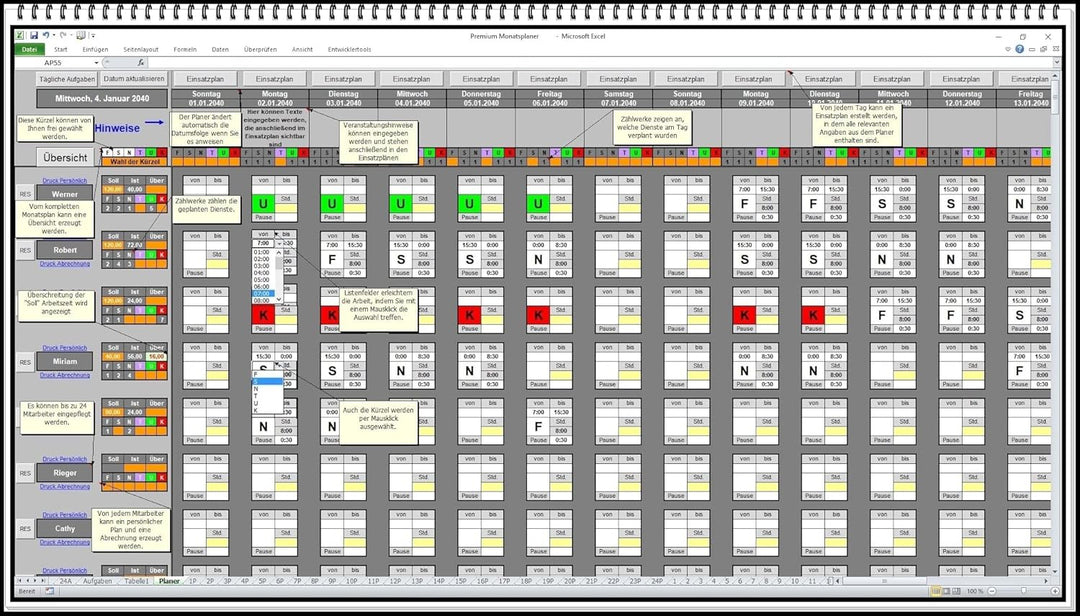 Elektronischer digitaler Dienstplaner Monatsplan Schichtplaner Einsatzplan Excel Software mit persön