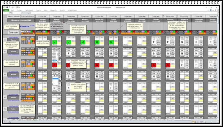 Elektronischer digitaler Dienstplaner Monatsplan Schichtplaner Einsatzplan Excel Software mit persön