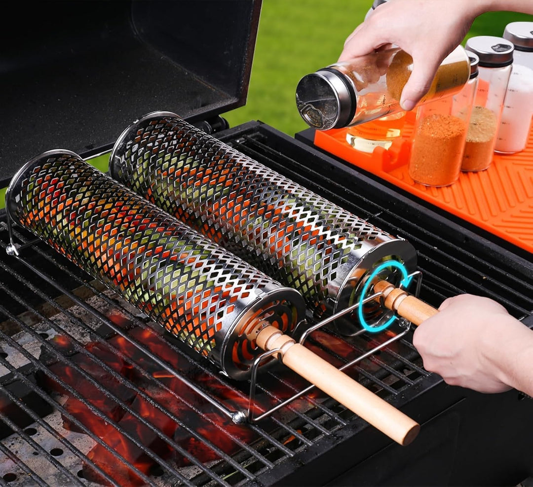 Grillbesteck Set, Premium BBQ Grill-Set mit Rollgrillkörben, Grillwerkzeugen und Reinigungsbürste |