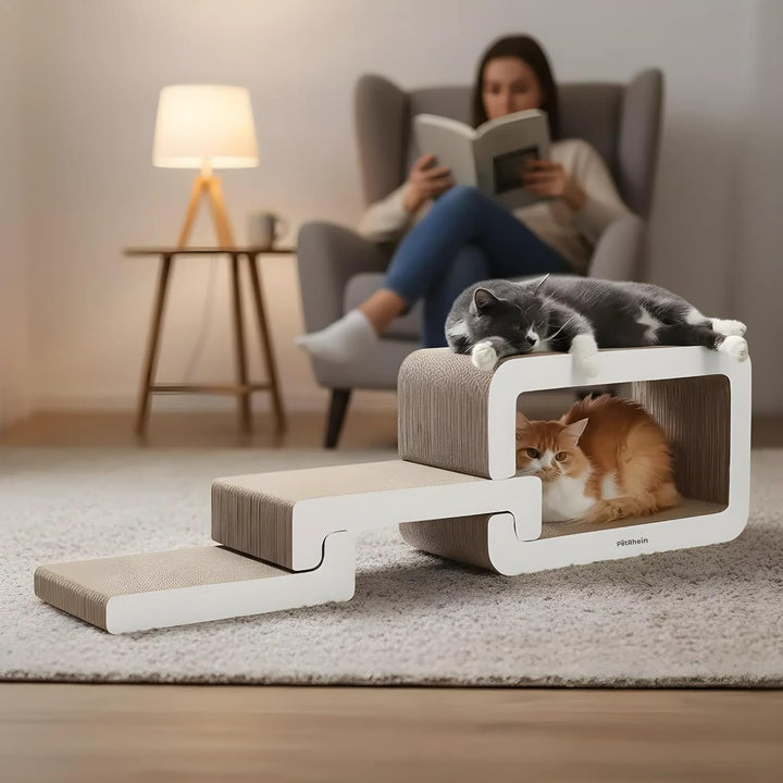 PetRhein 3-in-1 Kratzbrett, Gross XXL Kratzpappe für Katzen,Multifunktionales Kratzmöbel mit Rampe &
