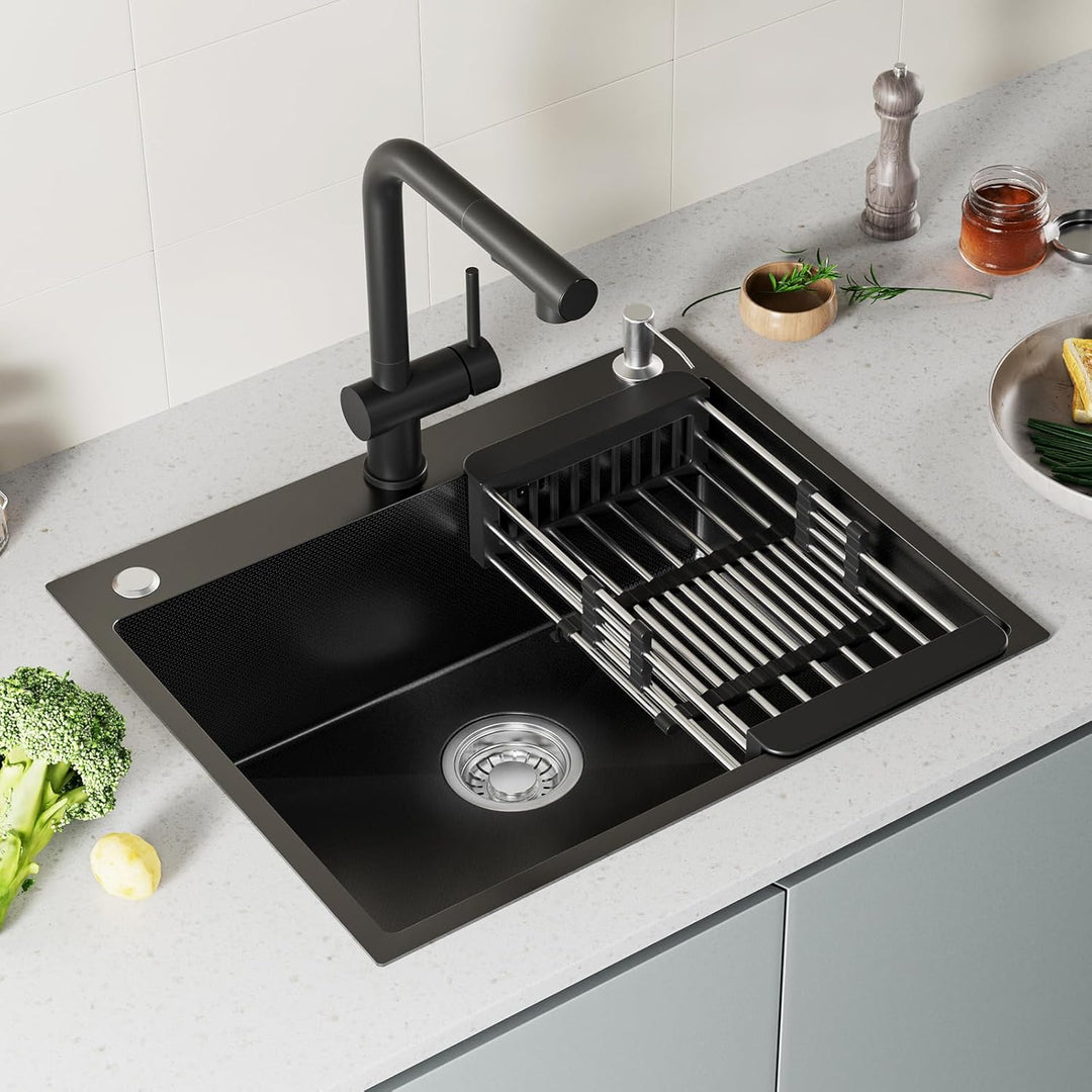 CECIPA Küchenarmatur & Spülbecken Set Schwarz 60×49 cm, Ausziehbarer Wasserhahn Küche mit 360° Drehf