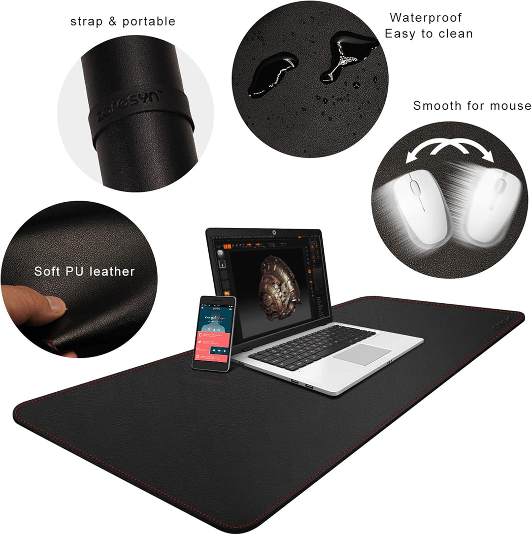 ZORESYN Profi Schreibtischmatte 140x40cm Schwarz - wasserdichte PU-Leder Unterlage für schmale Tisch