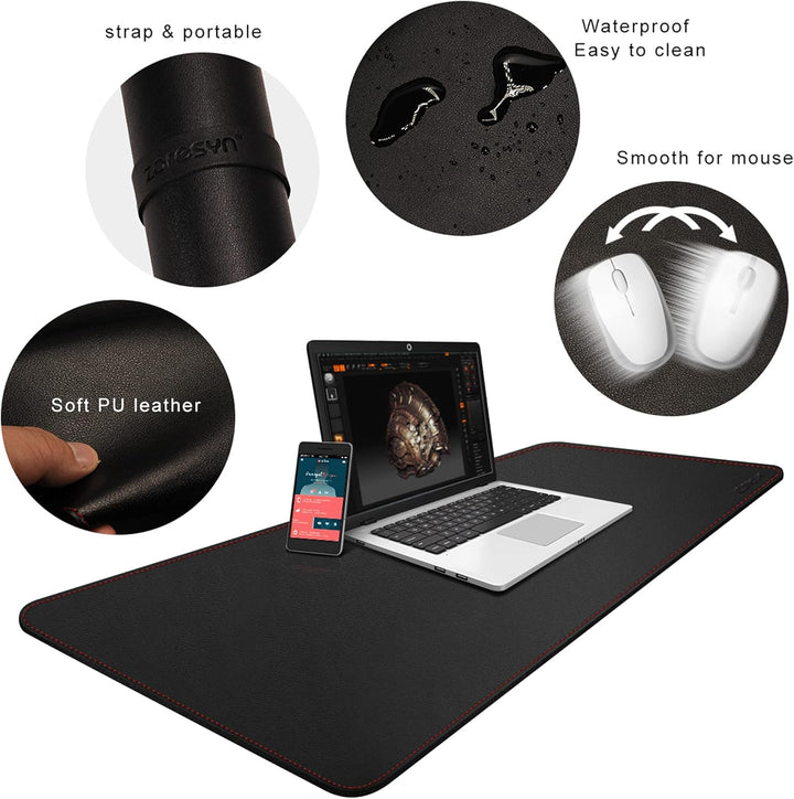 ZORESYN Profi Schreibtischmatte 140x40cm Schwarz - wasserdichte PU-Leder Unterlage für schmale Tisch