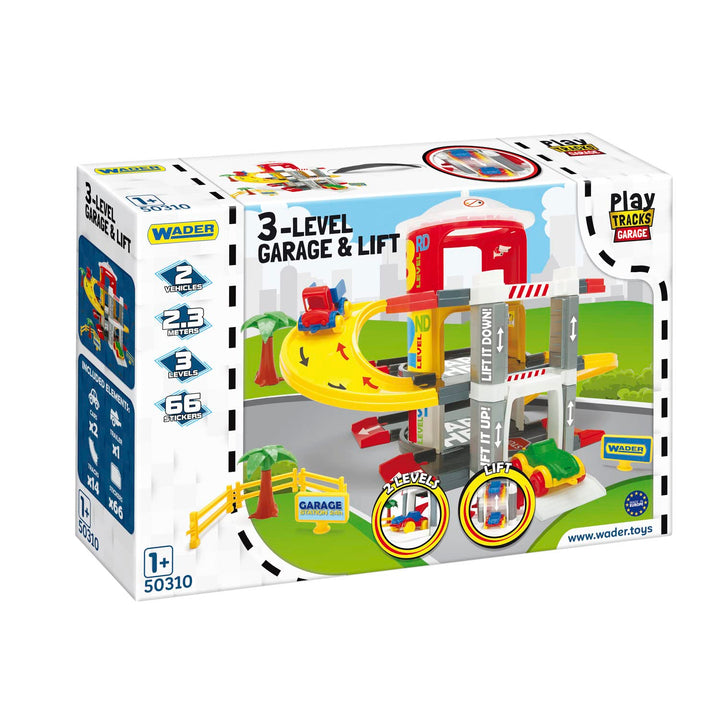 Wader 50310 Play Tracks Garage Multi Level Parkgarage auf 3 Ebenen mit 2 hochwertigen Fahrzeugen, ab