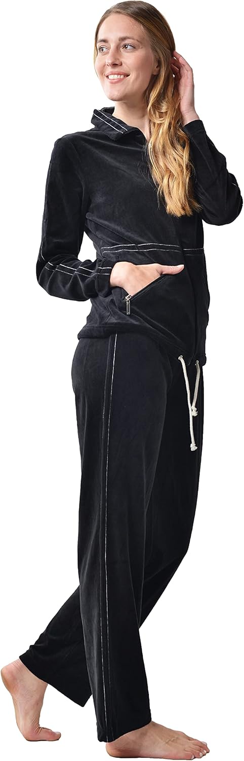 RAIKOU Damen Nicki Hausanzug mit Reissverschluss Velours Freizeitanzug Trainingsanzug 40-42 Schwarz,